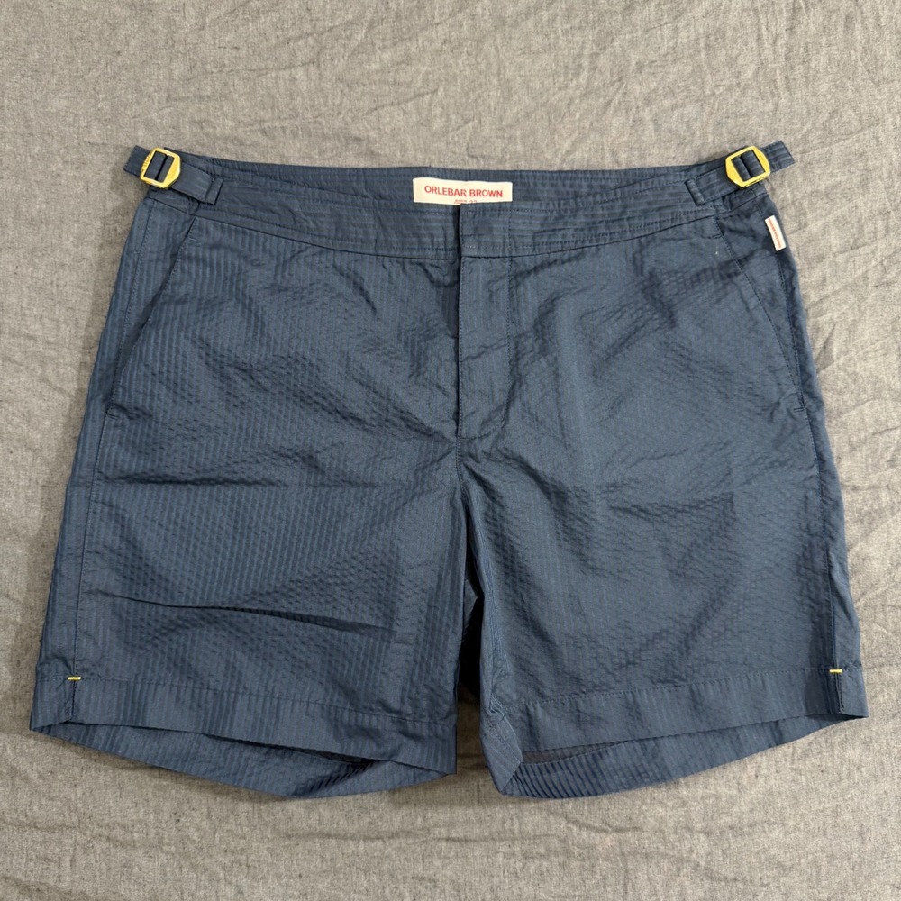 Orlebar Brown Swim Shorts 32 Navy Bulldog Tonal Seersucker Adjustable Side Tabs